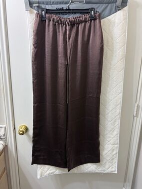 Brown Satin Wide-Leg Drawstring Pants